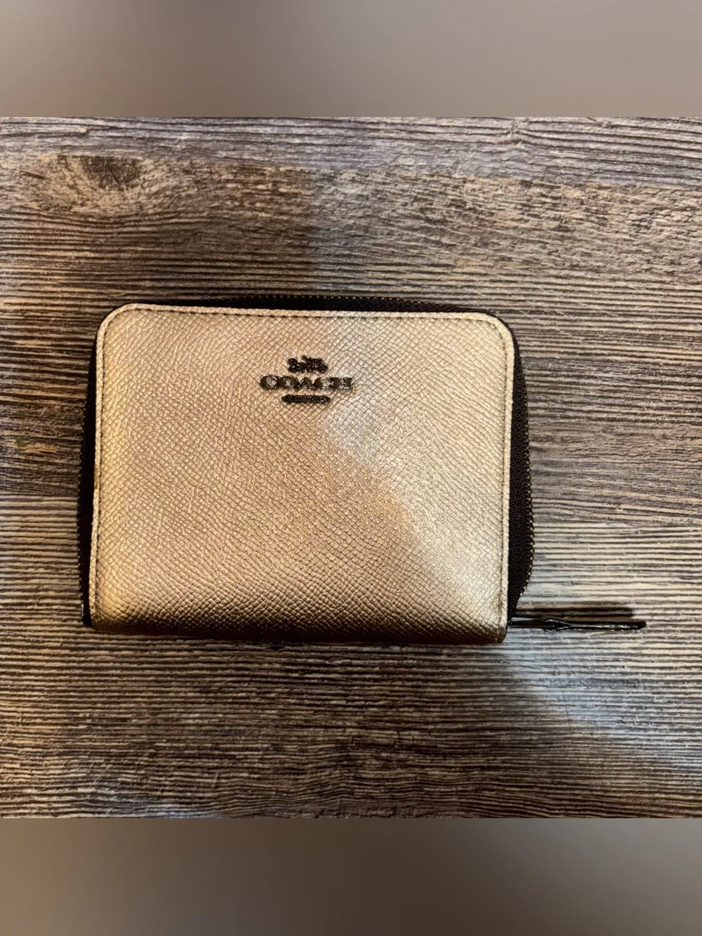 Coach Metallic Gold Crossgrain Leather Zip Around Wallet Small Compact Burgundy